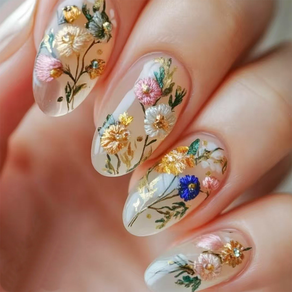 Whimsical Floral Short Almond Press On Nail Set with Glittering Accents