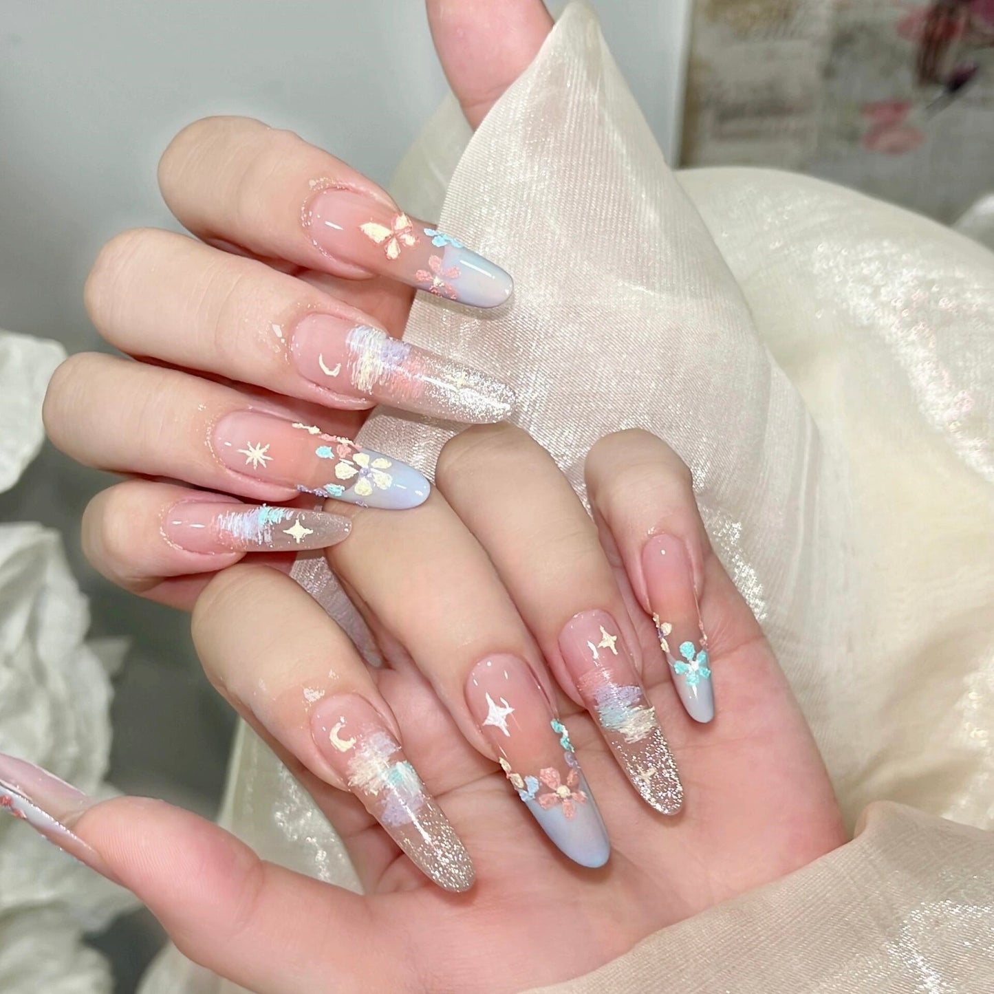 Dreamy Floral Long Almond Pastel Glitter Press on Nail Set