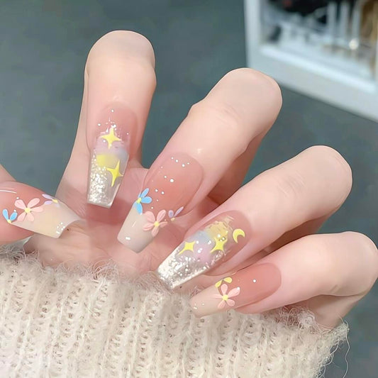 Whimsical Floral Medium Coffin Pink Ombre with Glitter and Star Accents Press On Nail Set
