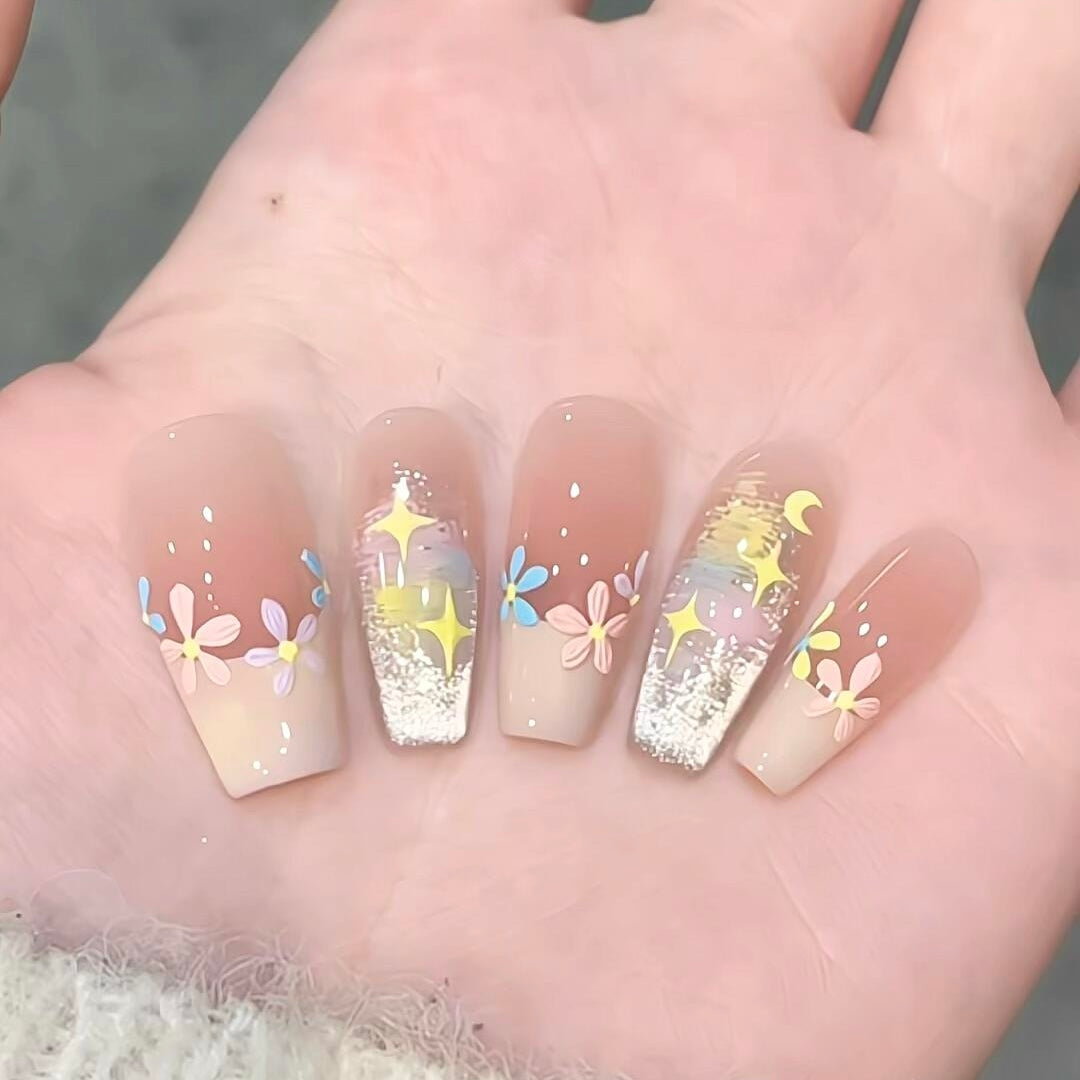 Whimsical Floral Chic Long Square Pink Ombre Glitter Nail Set