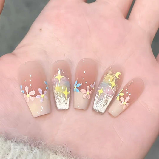 Whimsical Floral Chic Long Square Pink Ombre Glitter Nail Set