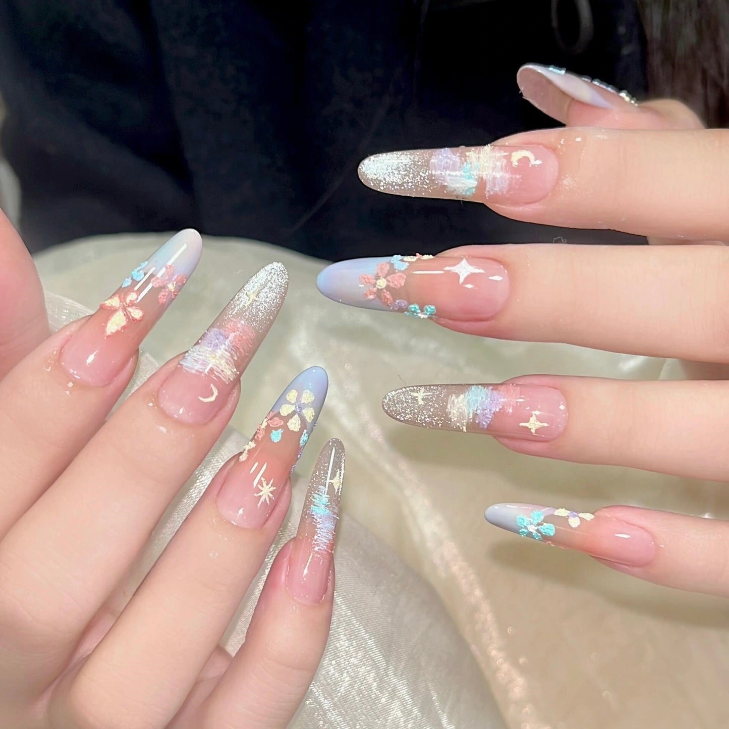 Celestial Dream Medium Almond Gradient Floral Press on Nail Set