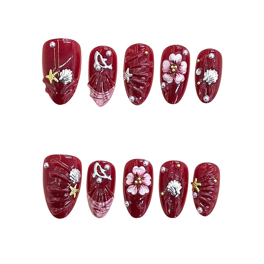 Tropical Blossoms Elegant Medium Almond Shaped Deep Red Press On Nail Set with Shell and Floral Art