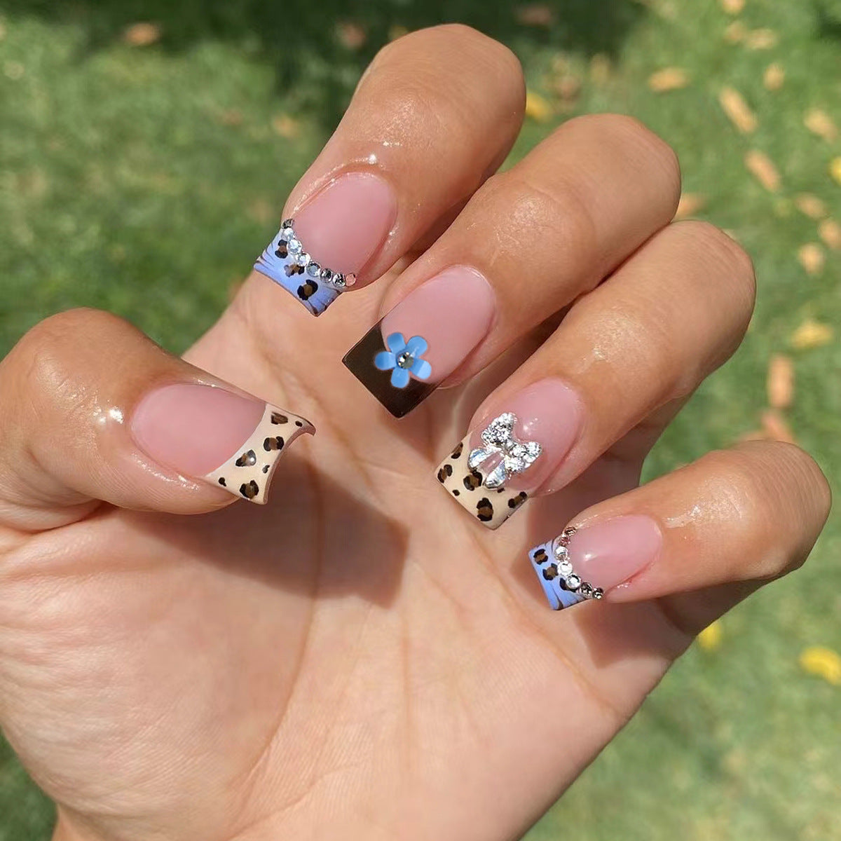 Wild Safari Inspired Medium Square Blue and Brown Press on Nail Set with Unique Floral and Gem Accents