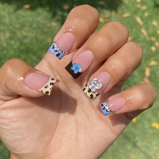 Wild Safari Inspired Medium Square Blue and Brown Press on Nail Set with Unique Floral and Gem Accents
