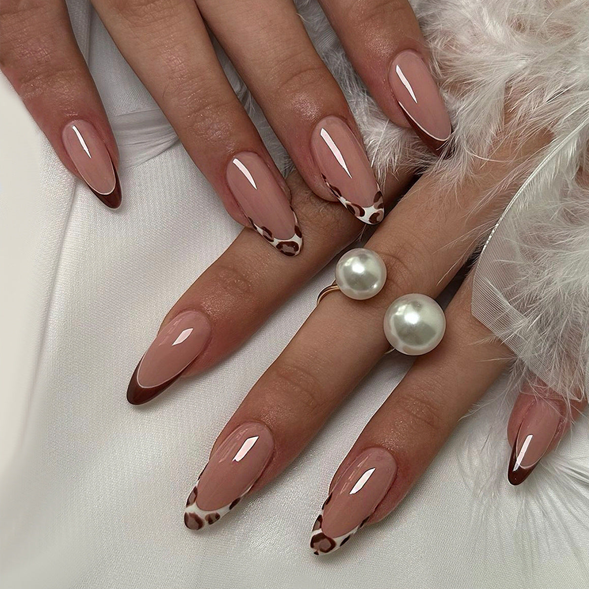 Savannah Elegance Medium Almond Beige with Animal Print Tips Press On Nail Set