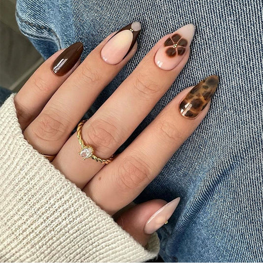 Elegant Autumn Medium Stiletto Brown with Unique Floral Accent Press On Nail Set