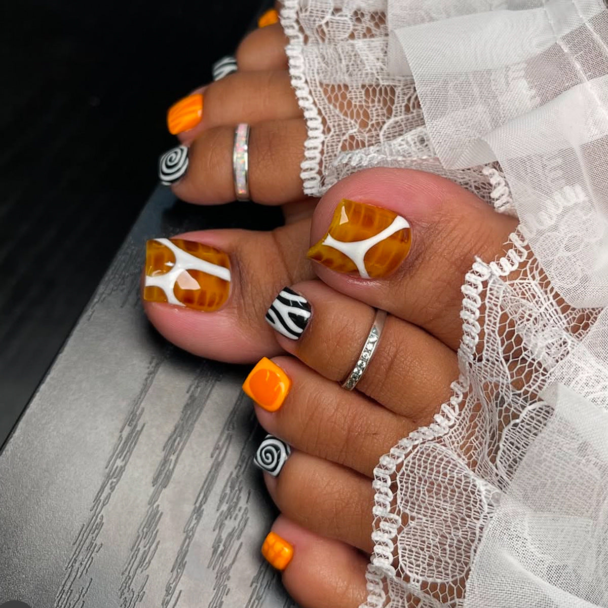 Vibrant Sunset Short Square Orange and Black Marble Press On Toenail Set
