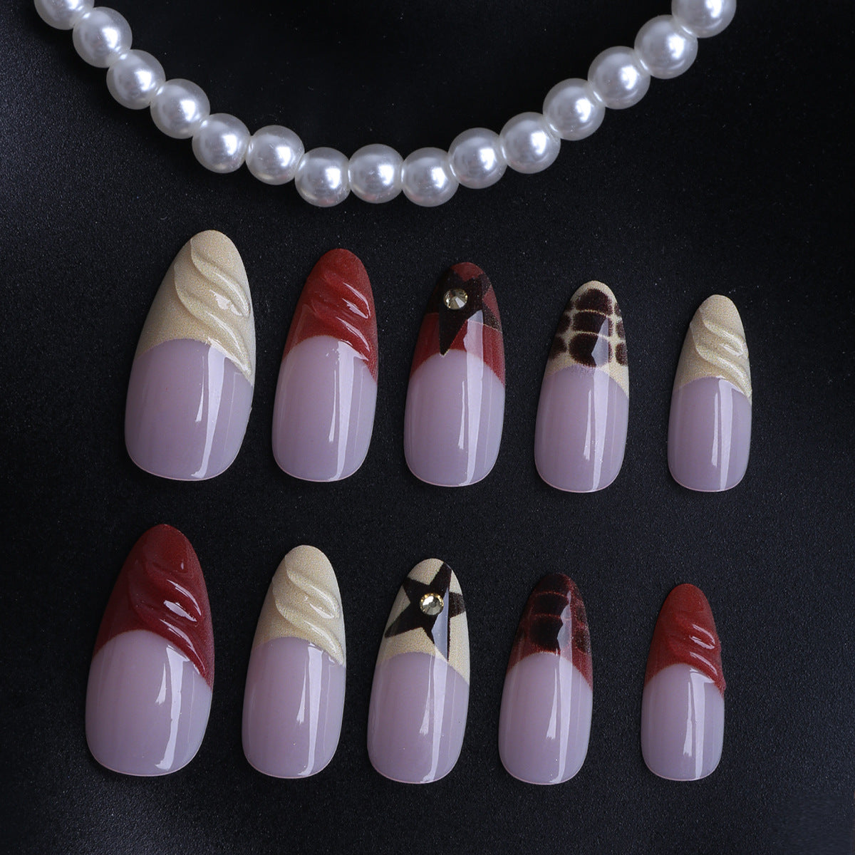 Elegant Animal Print Medium Almond Burgundy Marble Effect Press On Nail Set