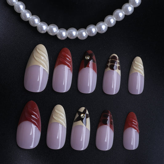 Elegant Animal Print Medium Almond Burgundy Marble Effect Press On Nail Set