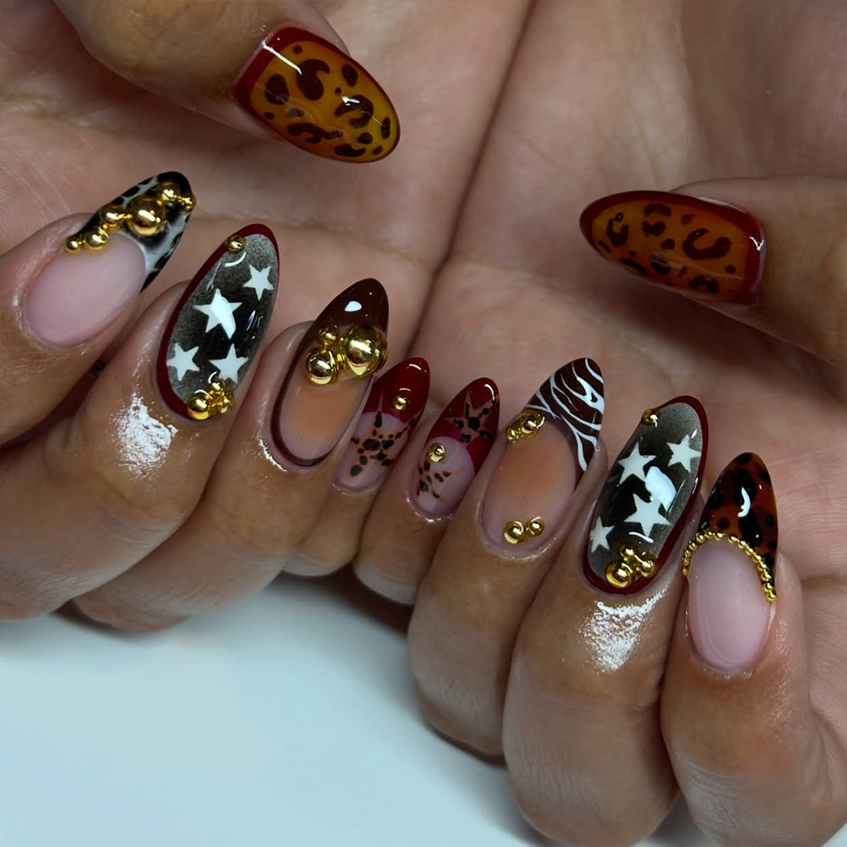 Wild Safari Medium Almond Burgundy and Gold Accented Press on Nail Set