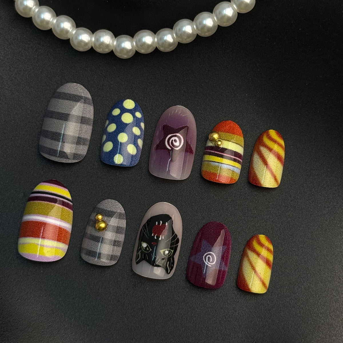 Whimsical Autumn Vibes Short Oval Multicolor Designs with Unique Artwork Press On Nail Set