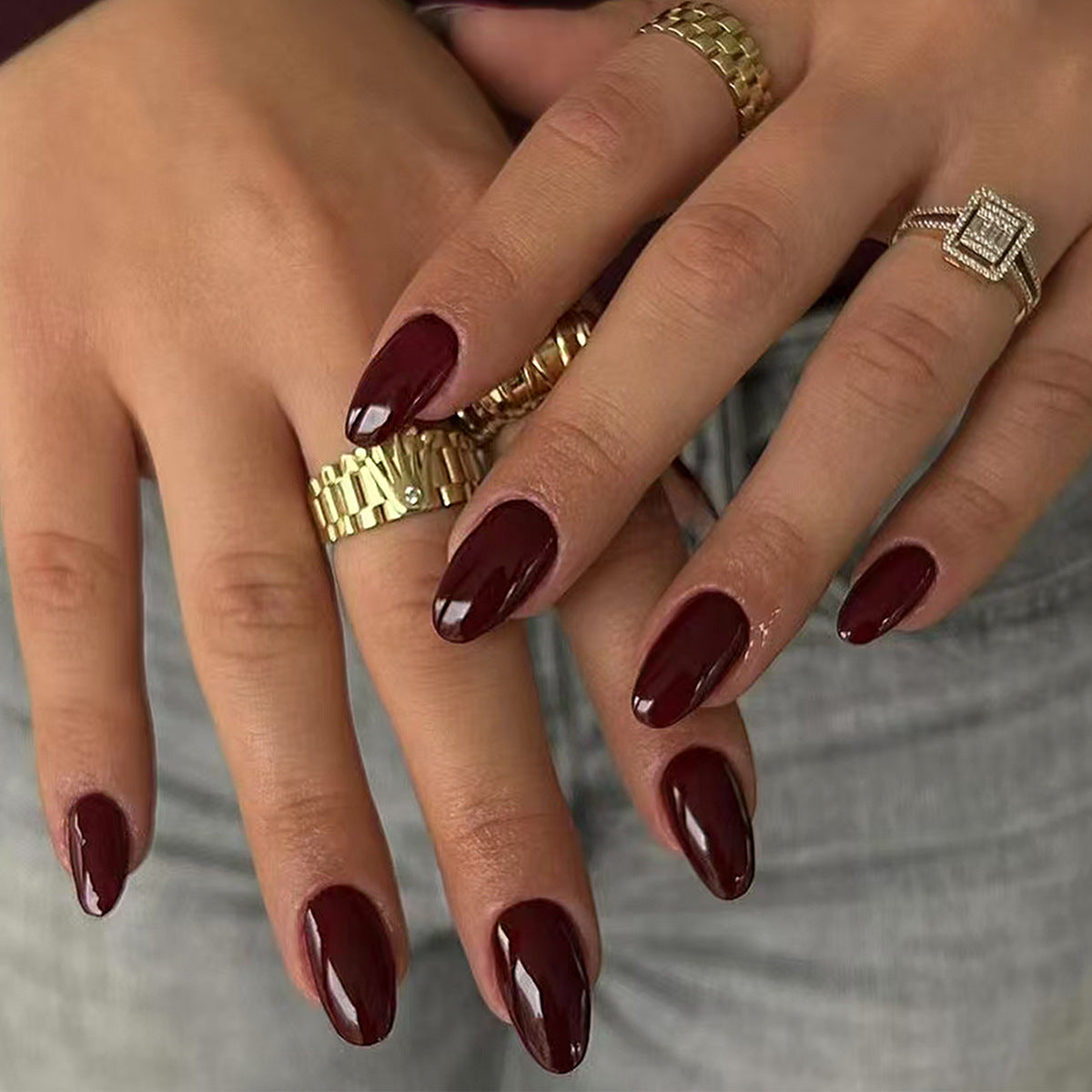 Elegant Burgundy Medium Almond Press On Nail Set with High Gloss Finish
