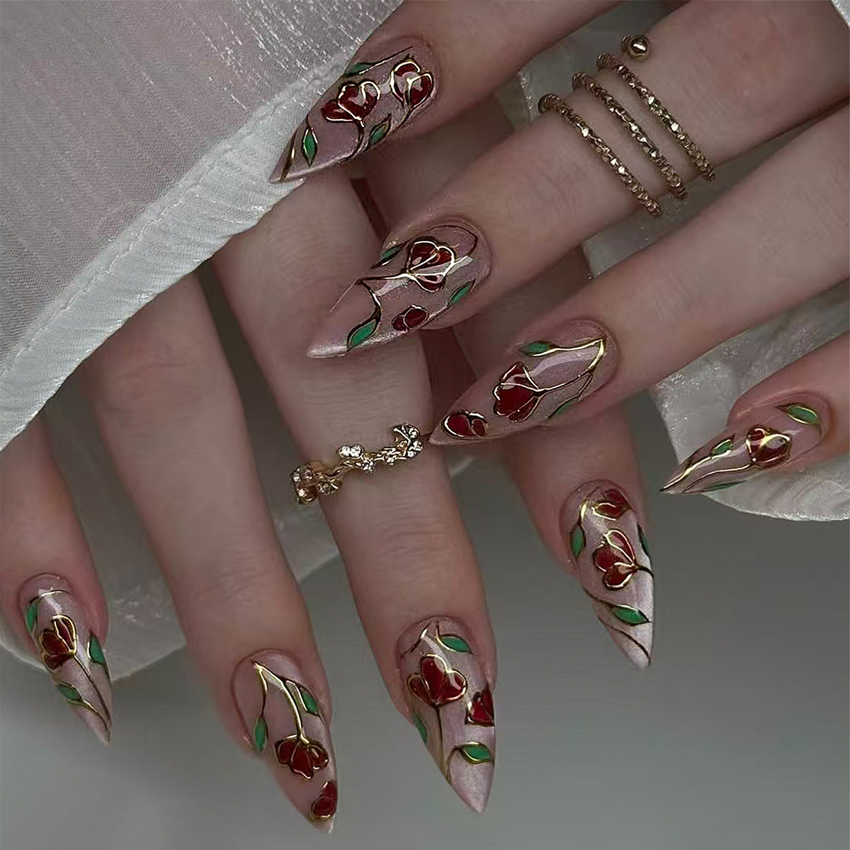 Elegant Blooming Rose Medium Almond Pink Floral Press On Nail Set