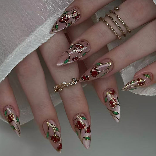 Elegant Blooming Rose Medium Almond Pink Floral Press On Nail Set