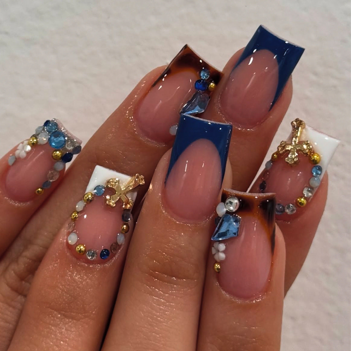 Elegant Ocean Vibes Medium Square Deep Blue and Gemstone-Embellished Press-On Nail Set