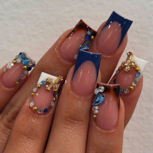 Elegant Ocean Vibes Medium Square Deep Blue and Gemstone-Embellished Press-On Nail Set