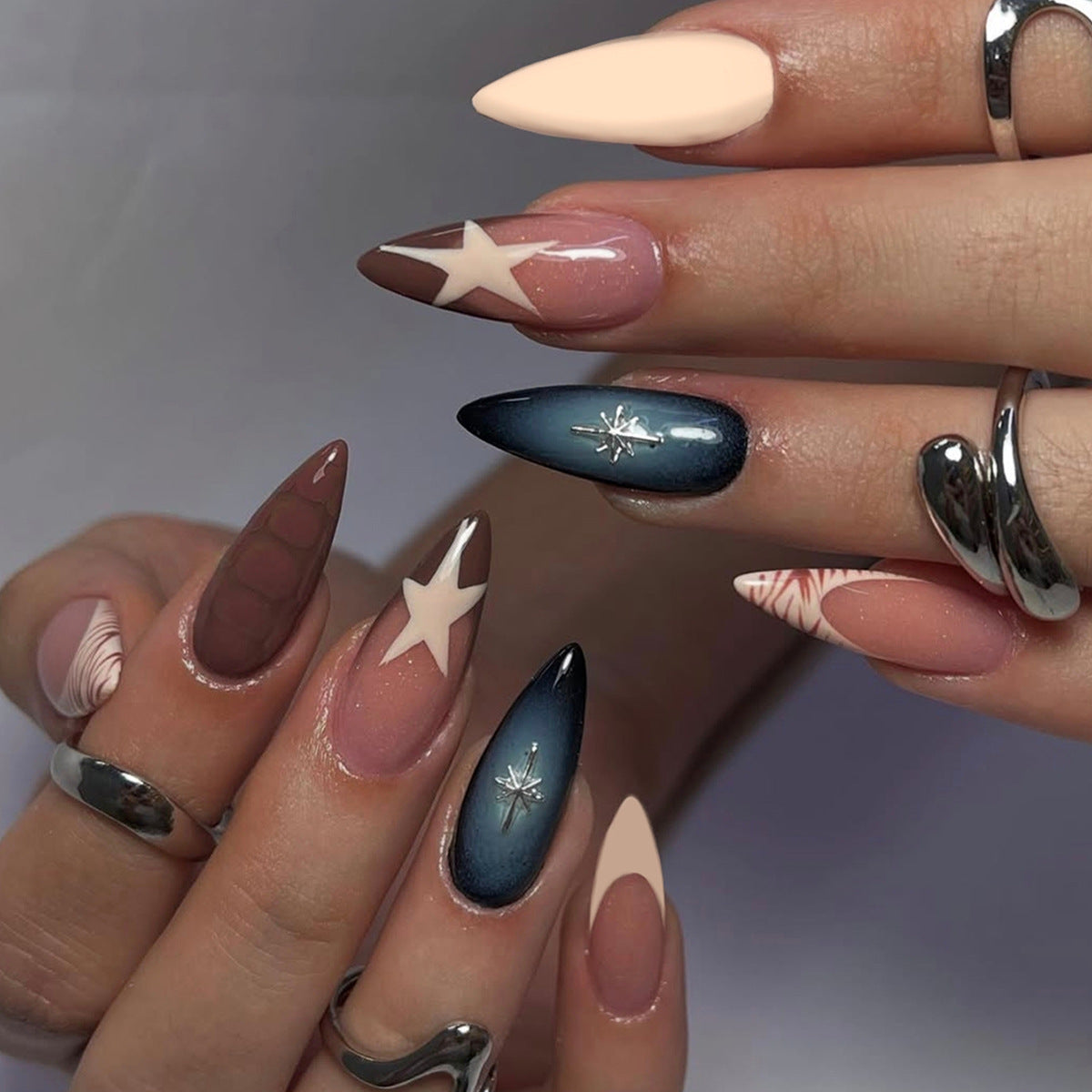 Celestial Elegance Medium Almond Multicolor with Glitter Accents Press On Nail Set