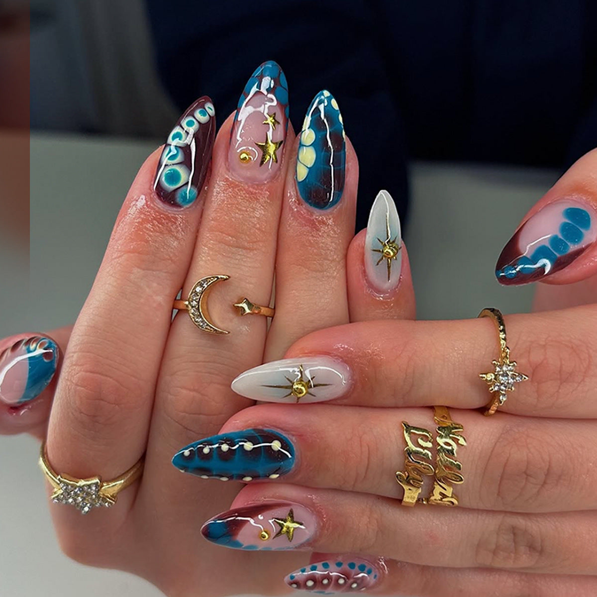 Cosmic Dream Medium Almond Blue and White Colorful Design Press On Nail Set