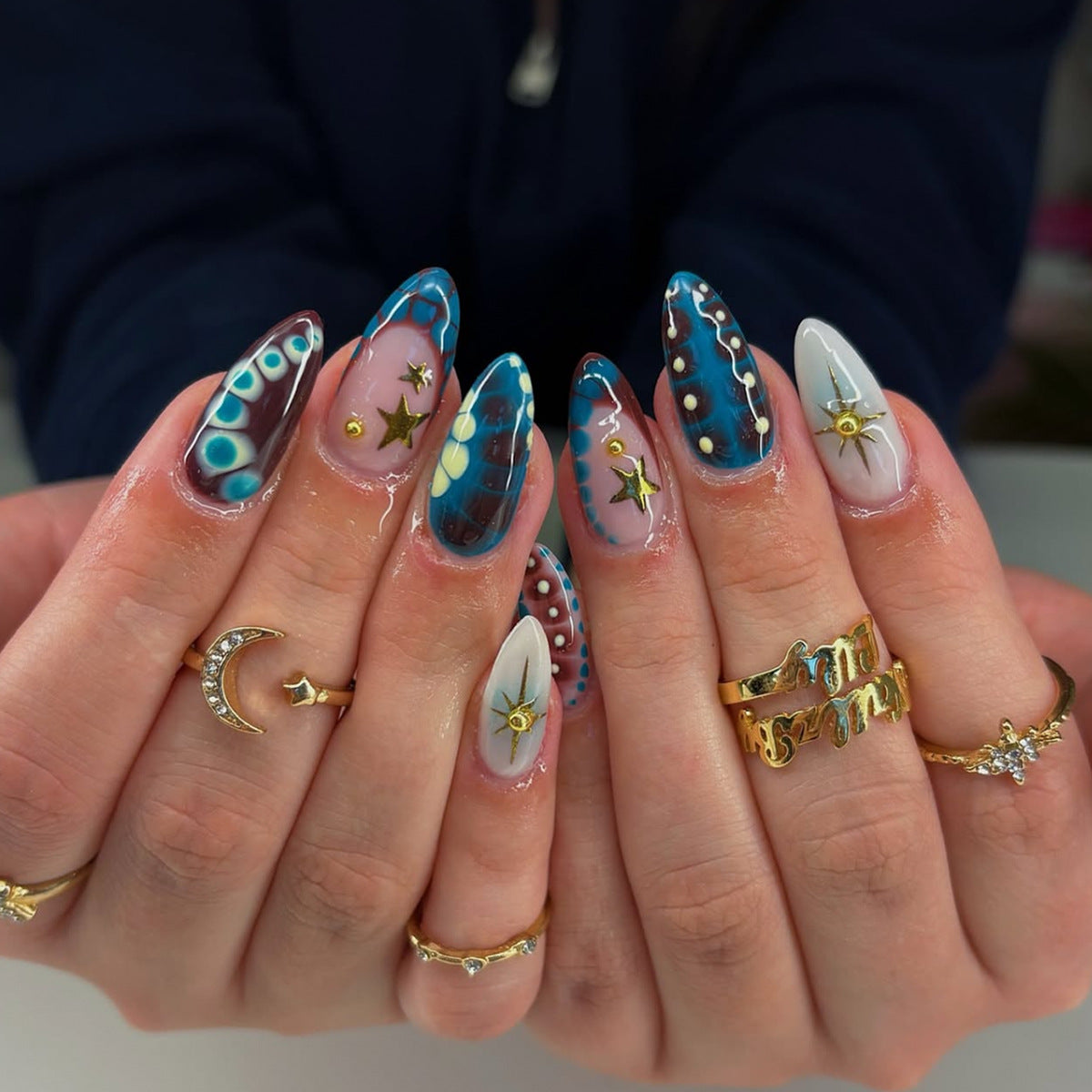 Celestial Dream Medium Almond Blue and Gold Starry Press On Nail Set