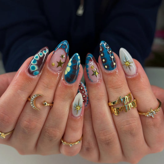 Celestial Dream Medium Almond Blue and Gold Starry Press On Nail Set