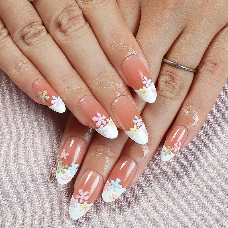 Whimsical Floral Medium Almond Pink and White Flower Design Press On Nail Set