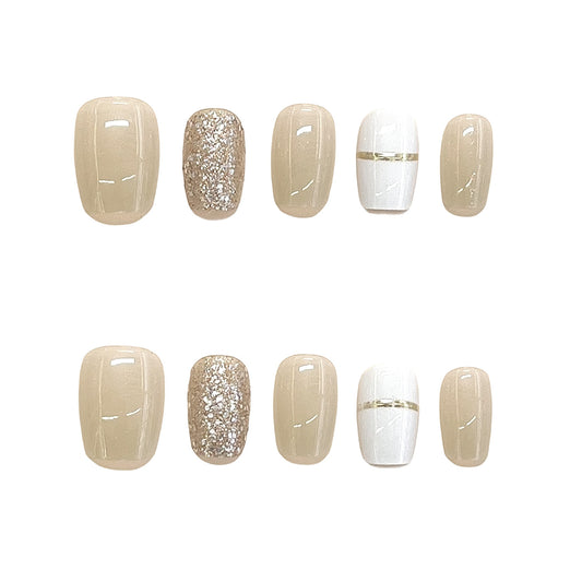 Elegant Chic Medium Squoval Beige Press On Nail Set with Stunning Glitter and Gold Accents