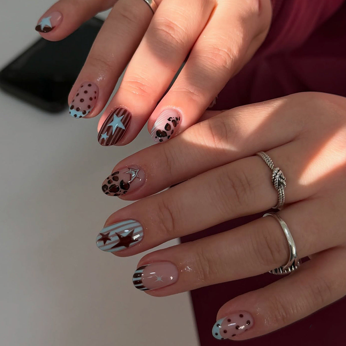 Chic Starry Night Short Almond Multicolor Design Press On Nail Set