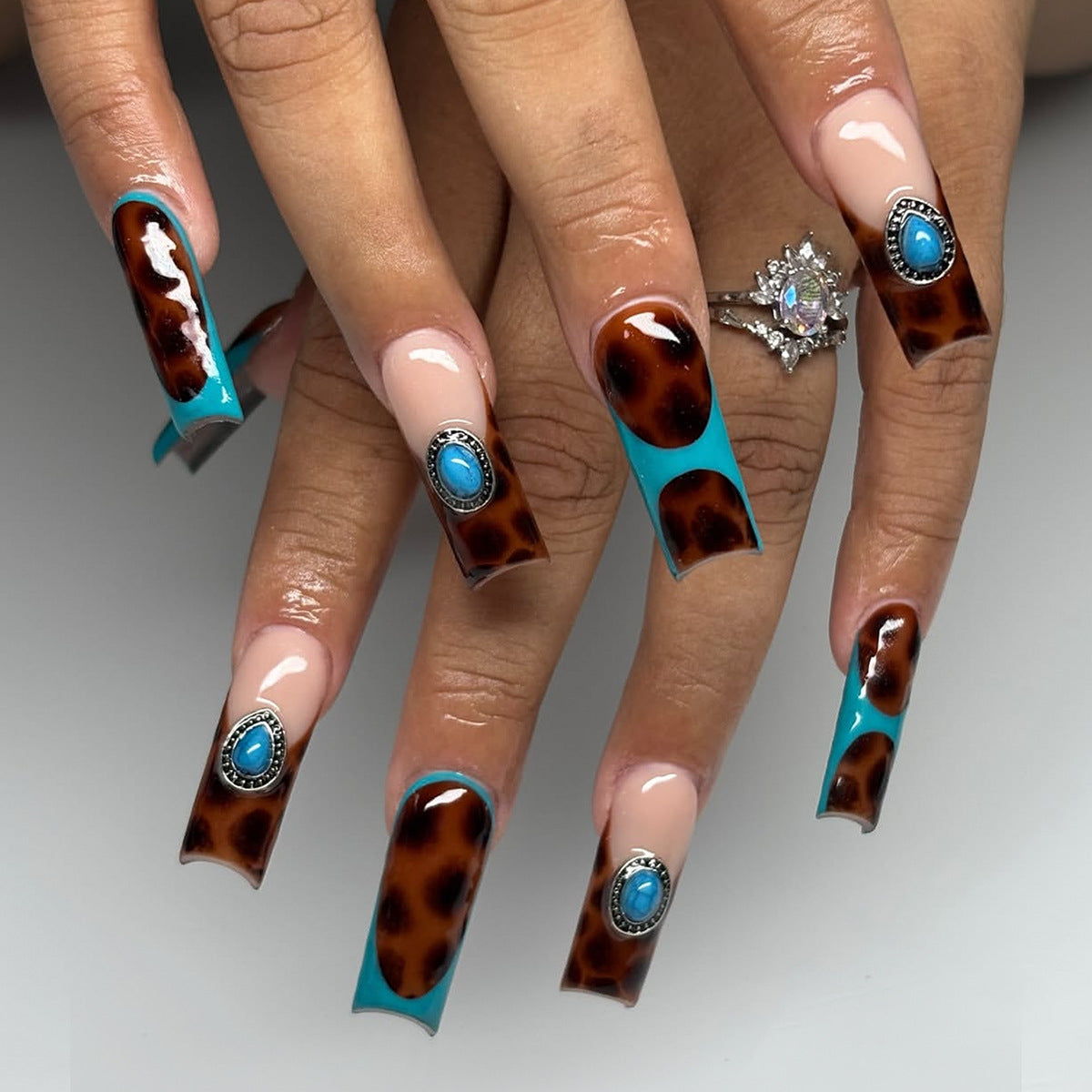 Bohemian Elegance Long Square Brown and Turquoise Press-On Nail Set with Unique Gemstone Accents