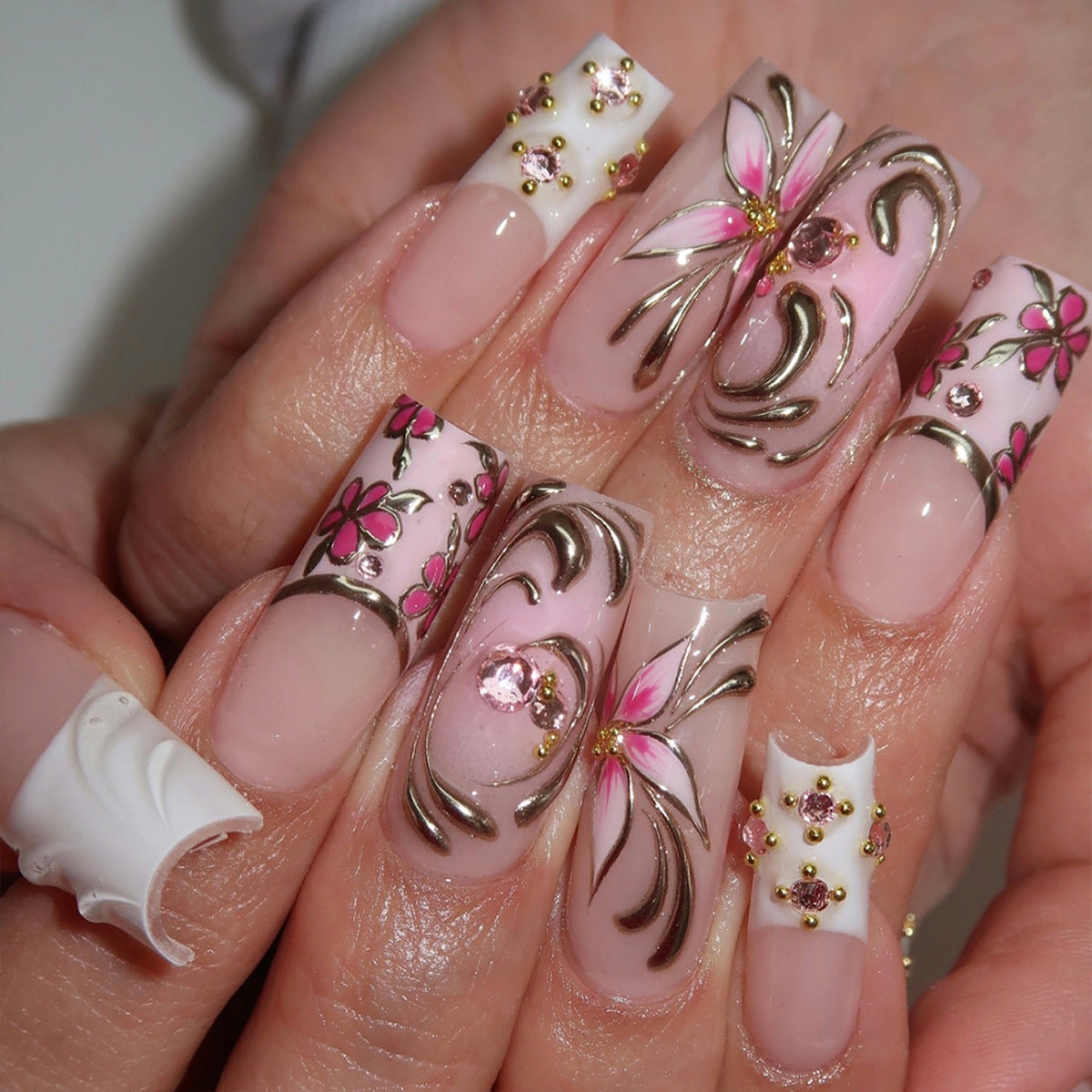 Blossom Elegance Long Square Pink Floral Press On Nail Set with Glamorous Rhinestones