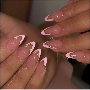Chic Elegance Long Almond Pink Press On Nail Set with Gold Trim and Glossy Finish