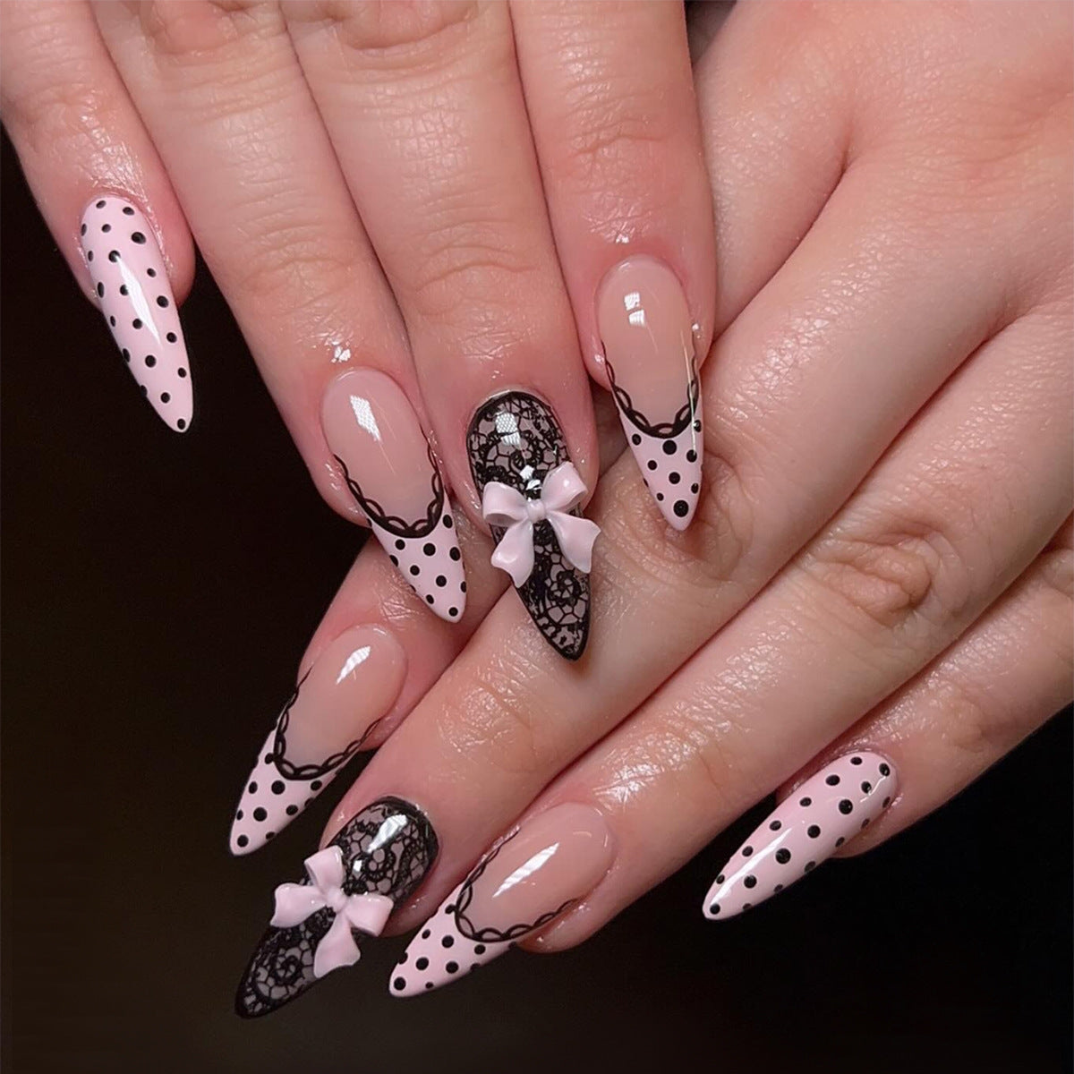 Chic Bowtie Stiletto Long Pink with Lace Accent Press On Nail Set