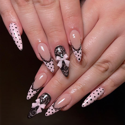 Chic Bowtie Stiletto Long Pink with Lace Accent Press On Nail Set