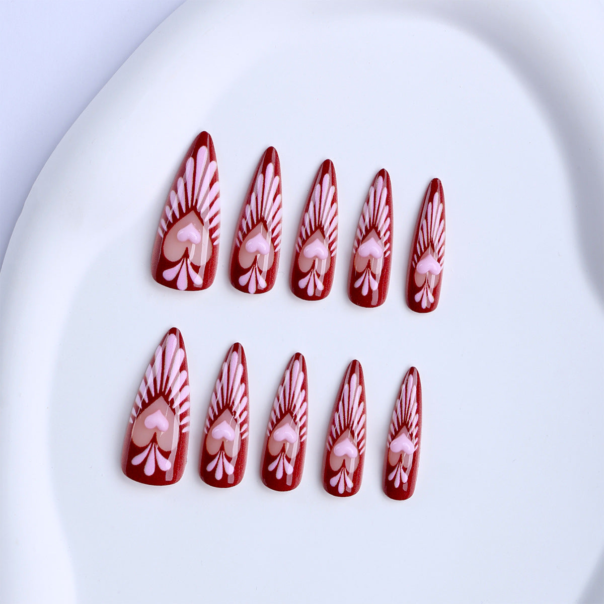Lovebird Romance Long Stiletto Red Nail Set with Heart Design
