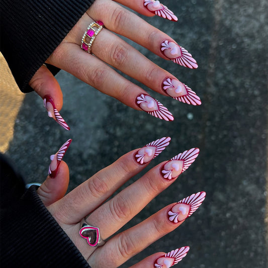 Romantic Fantasy Medium Almond Pink Feathered Nail Set
