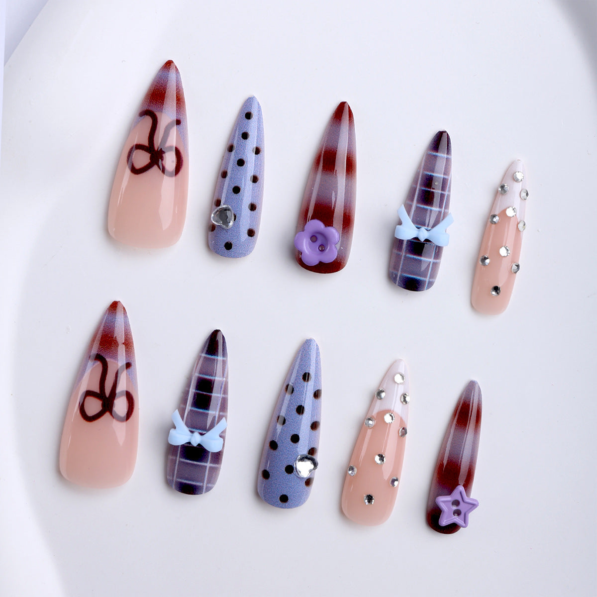 Charming Floral Stiletto Long Purple and Polka Dot Design Press on Nail Set