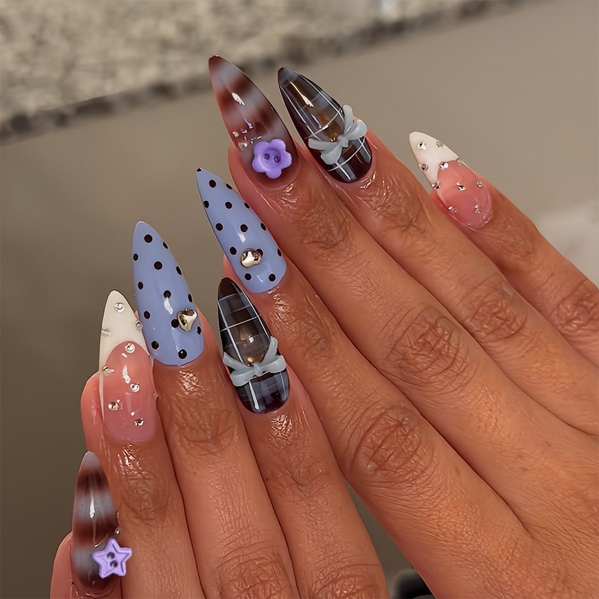 Whimsical Dream Medium Almond Blue with Charming Floral Accents