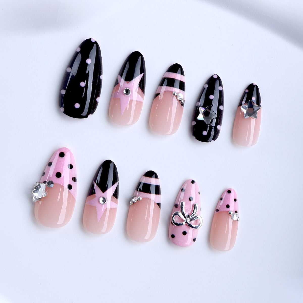 Chic Starry Night Medium Almond Black and Pink Nail Set with Sparkling Accents