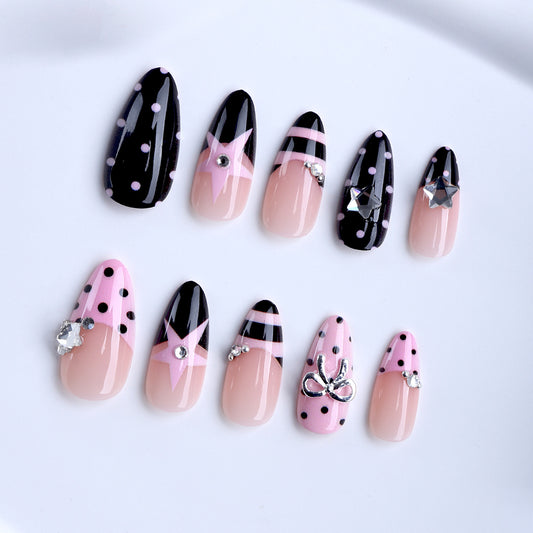 Chic Starry Night Medium Almond Black and Pink Nail Set with Sparkling Accents