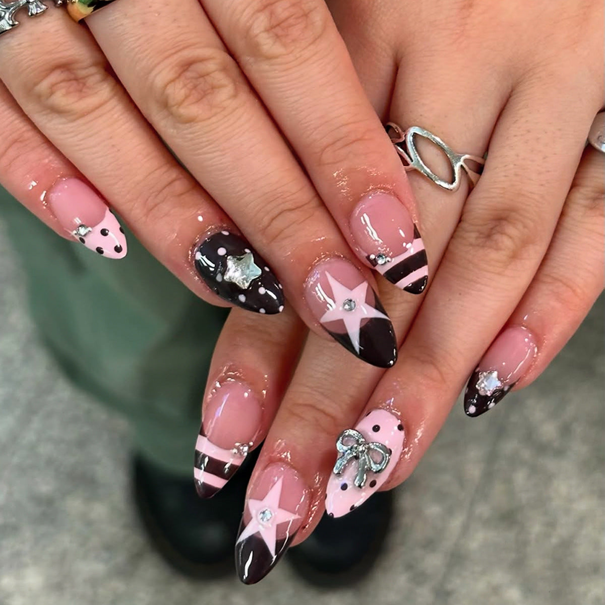 Chic Sweetheart Medium Almond Pink with Glittering Embellishments Press On Nail Set