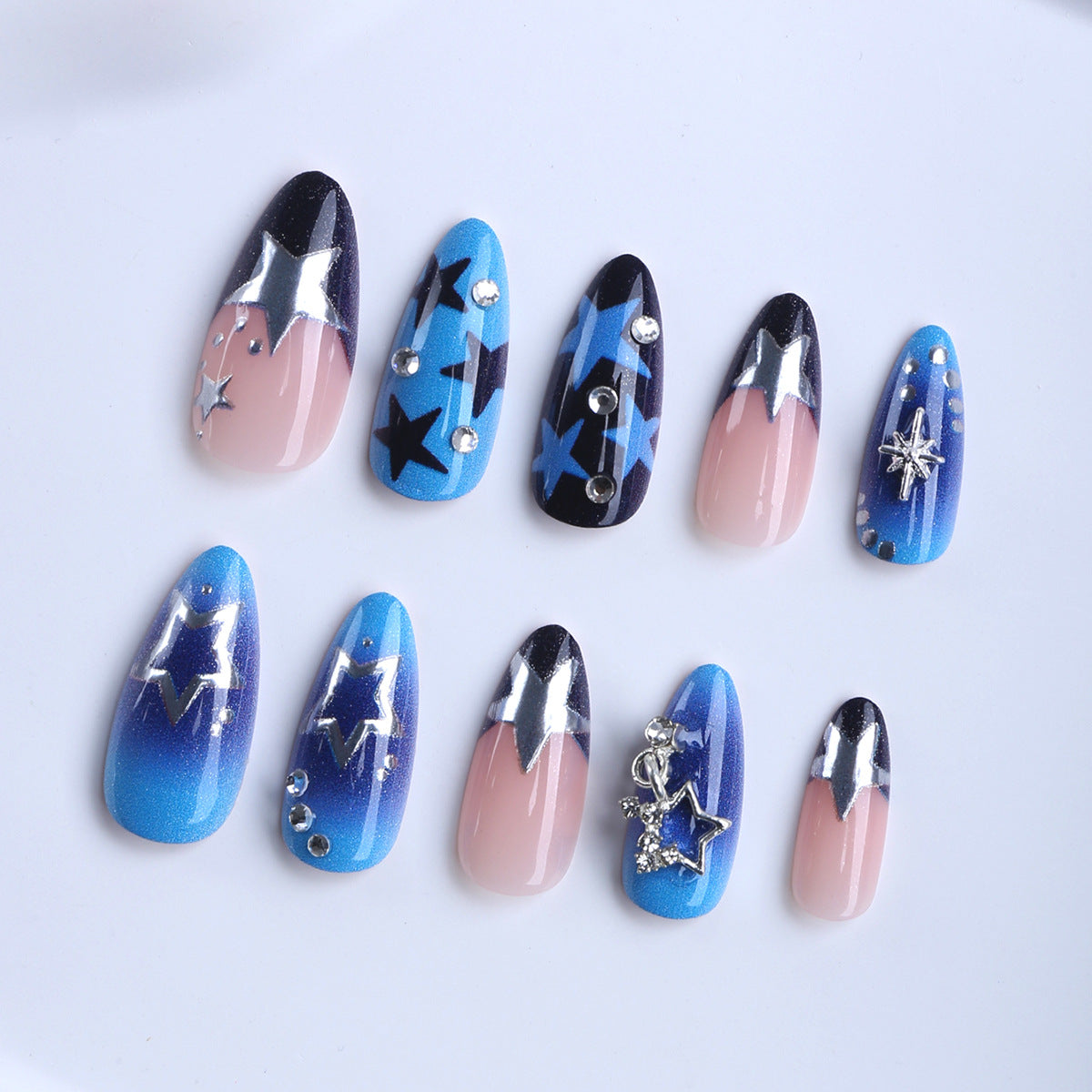 Celestial Dream Short Stiletto Blue Ombre with Star Accents Press-on Nail Set