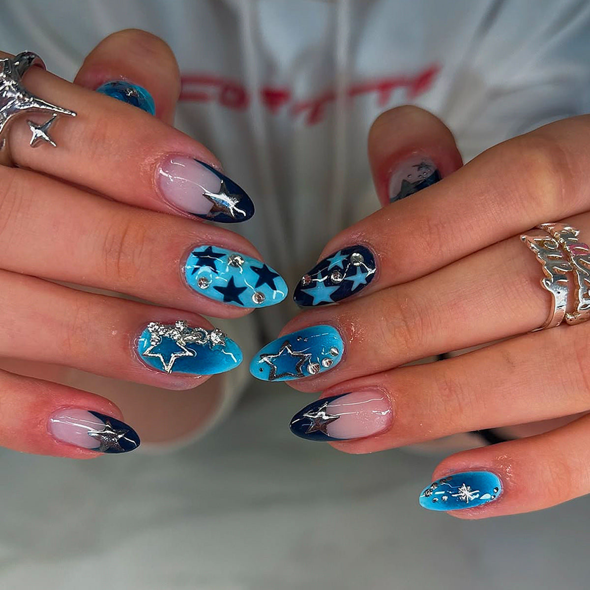 Celestial Dream Medium Almond Blue Starry Design Press-On Nail Set