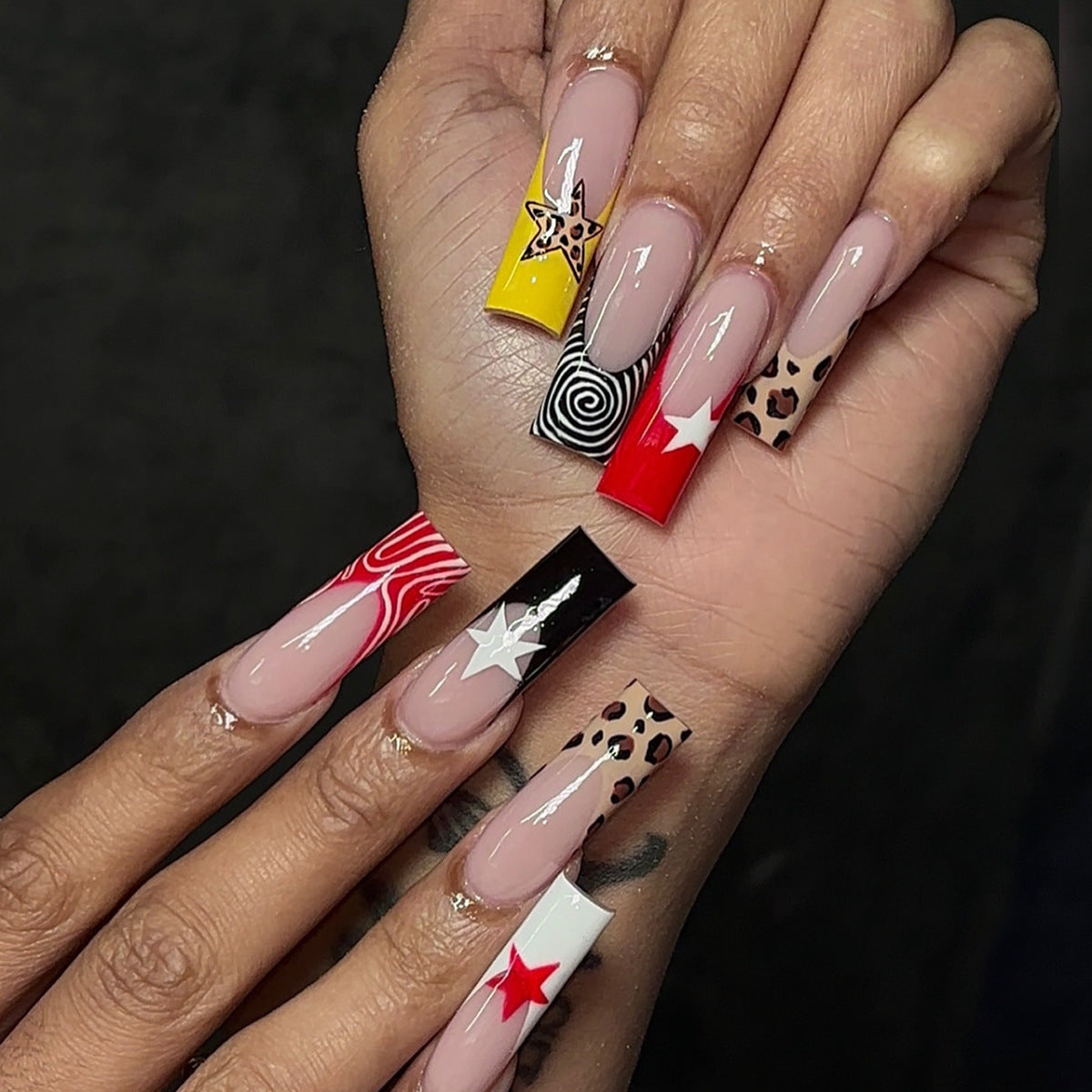 Vibrant Starry Nights Long Square Colorful Graphic Press On Nail Set