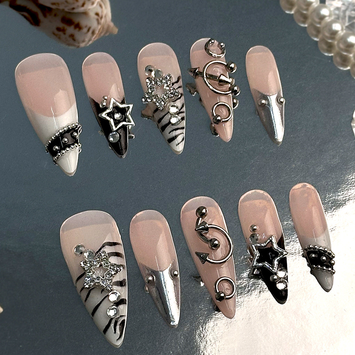 Celestial Elegance Medium Almond Pink with Rhinestone Accents Press On Nail Set