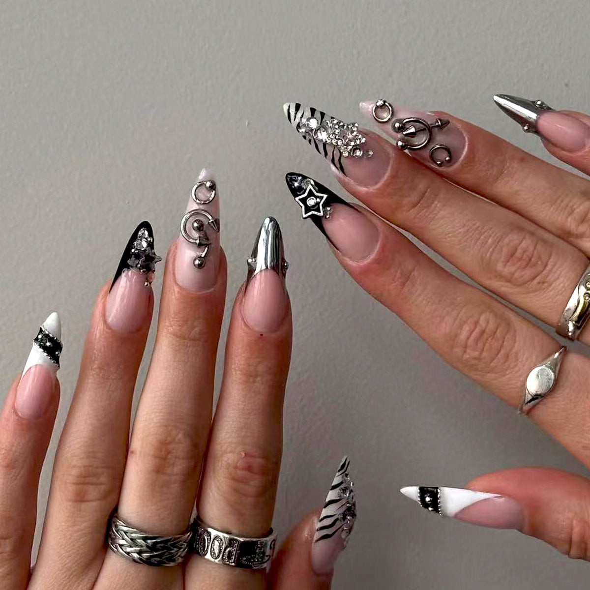 Cosmic Elegance Medium Almond Black and White Striped Press-On Nail Set