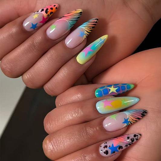 Vibrant Galaxy Medium Almond Rainbow Star Press On Nail Set