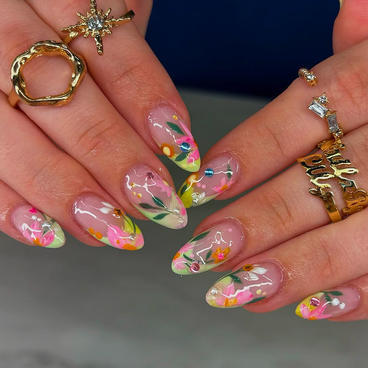Floral Whimsy Medium Almond Pink and Green Press on Nail Set with Stunning Flower Accents