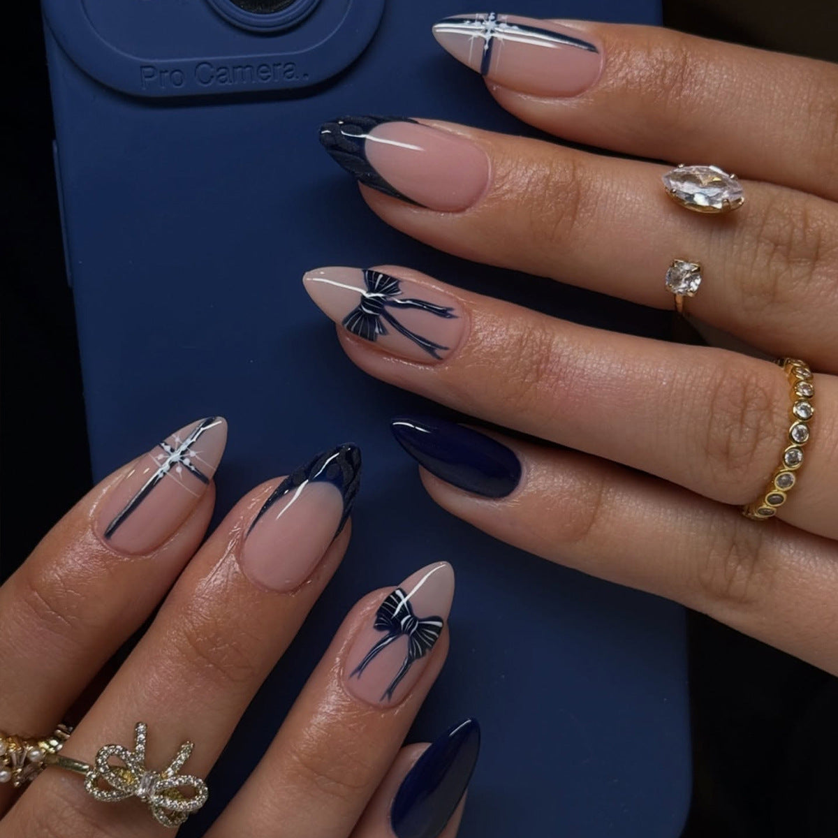 Elegant Midnight Glamour Medium Almond Blue and Beige Press On Nail Set with Bow Accent