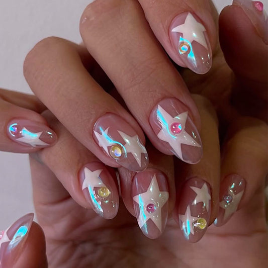 Celestial Short Almond Iridescent with Star Design Press On Nail Set
