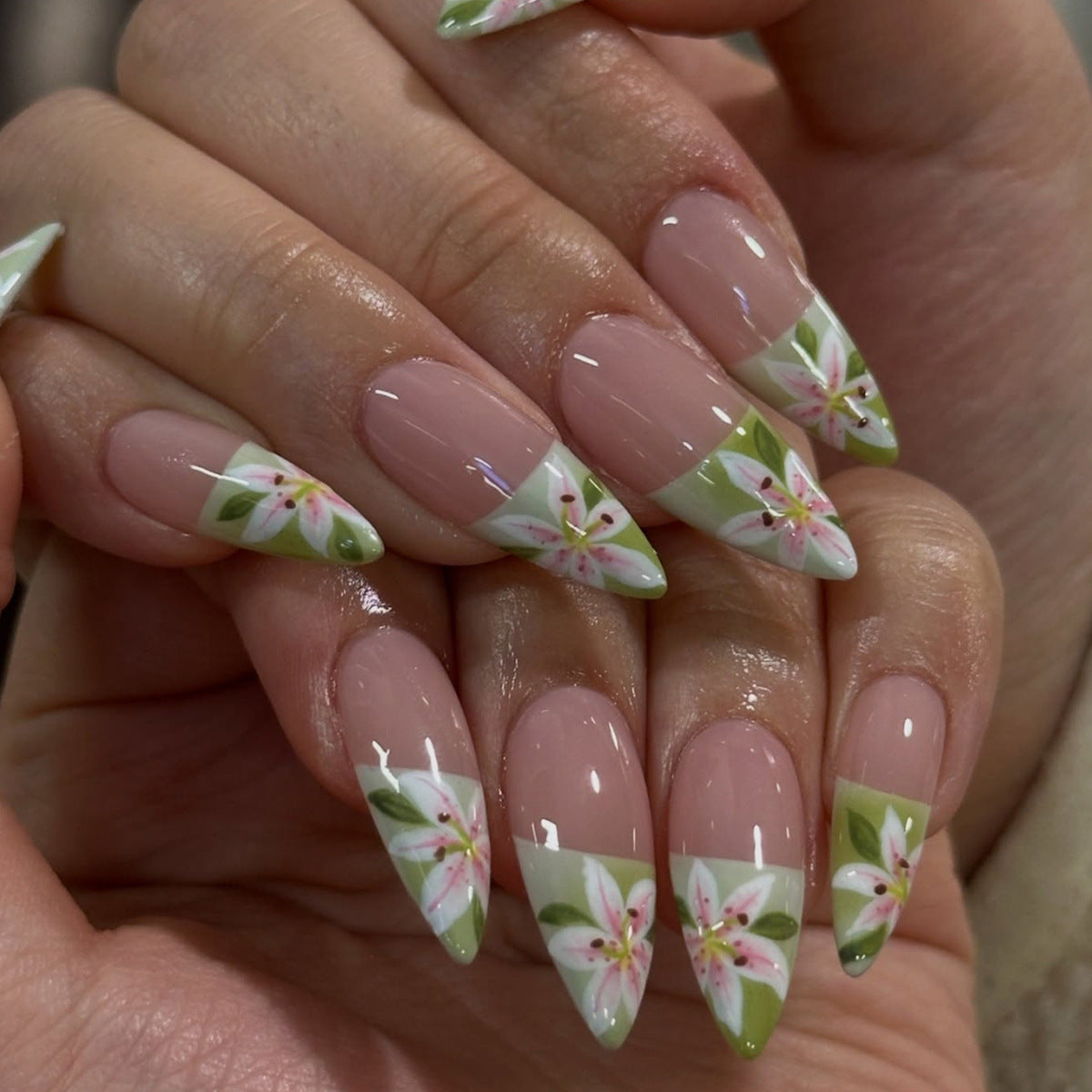 Enchanting Floral Design Medium Almond Pink with Elegant Hand-Painted Accents